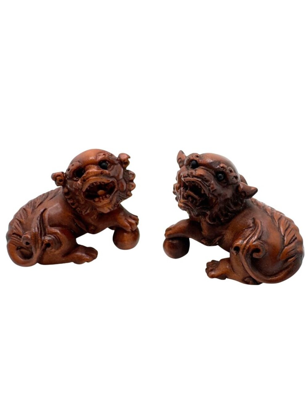 Ojime Netsuke 2 Foo Dog Lion Figurines Hand-Carved Boxwood Signed No Hole #2.4